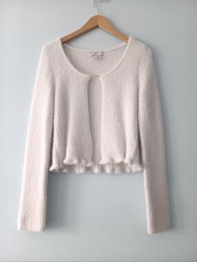 Sincerely Jules White Fuzzy Knit Cardigan Gold Chain Open Front Soft Sweater M